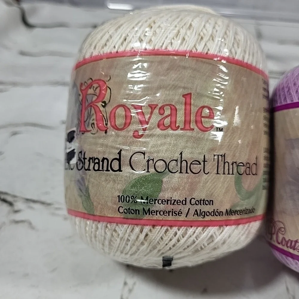 Royale Crochet Thread‎ Lot Of 3 Spools Natural White Violet Mint Green New